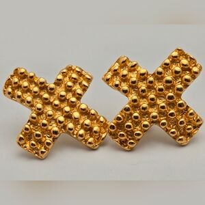 Textured Cross Stud Earrings Gold Tone Beaded Statement Design